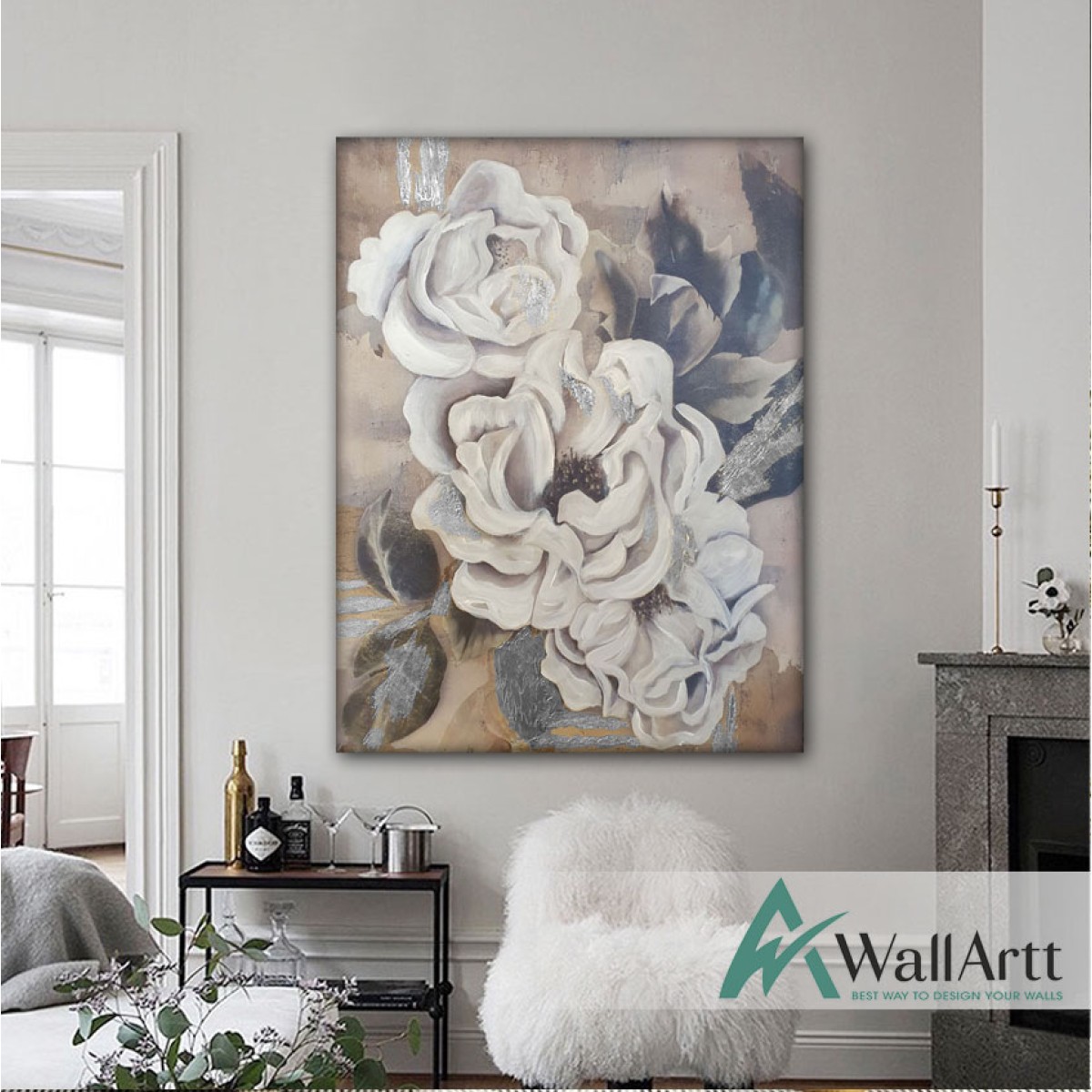 Abstract Flower with Silver Foil Textured Partial Oil Painting